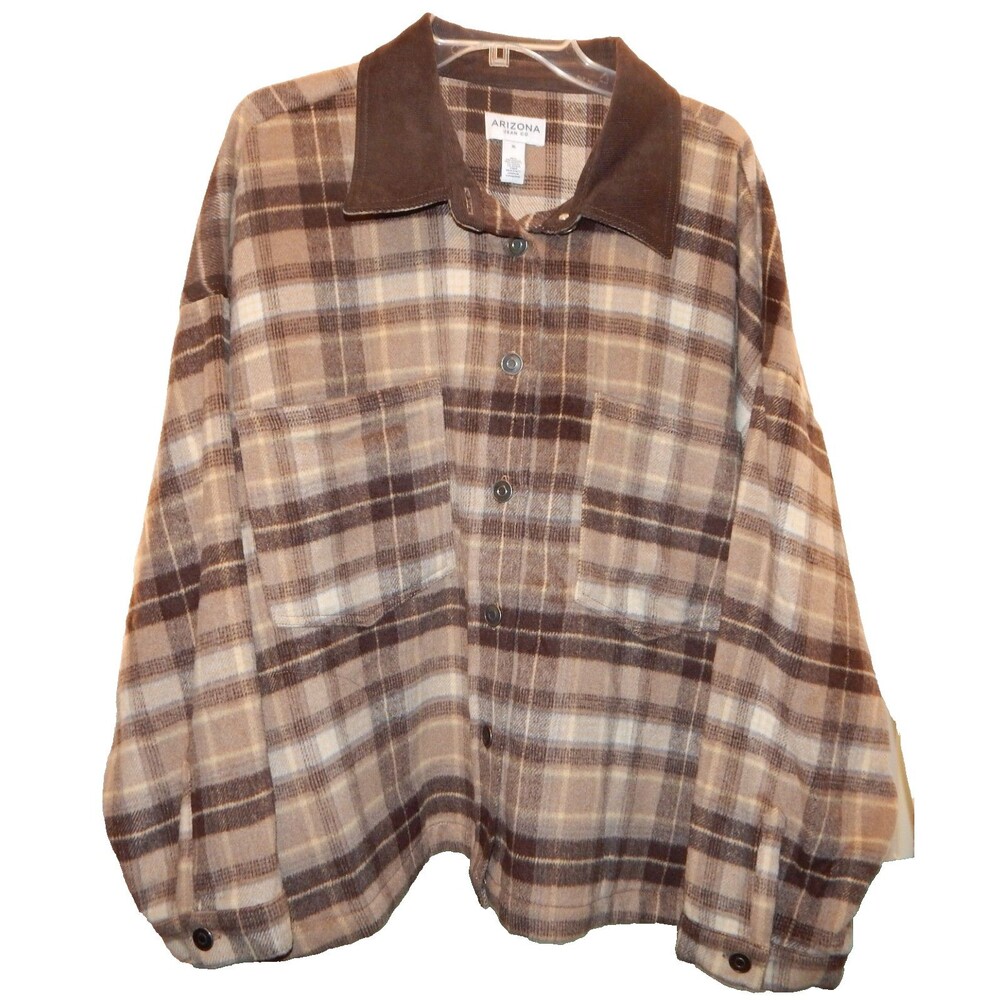 Arizona Womens Juniors MEDIUM Midweight Shirt Jacket Brown Plaid Corduroy Collar